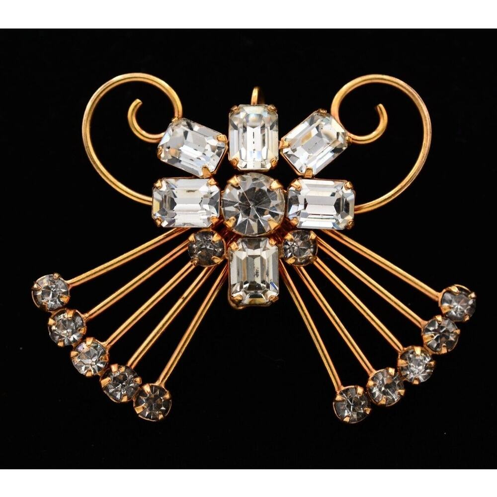 De Curtis Vintage Crystal Pin Brooch Baguette Rhinestone Bow Angel Signed Bin7